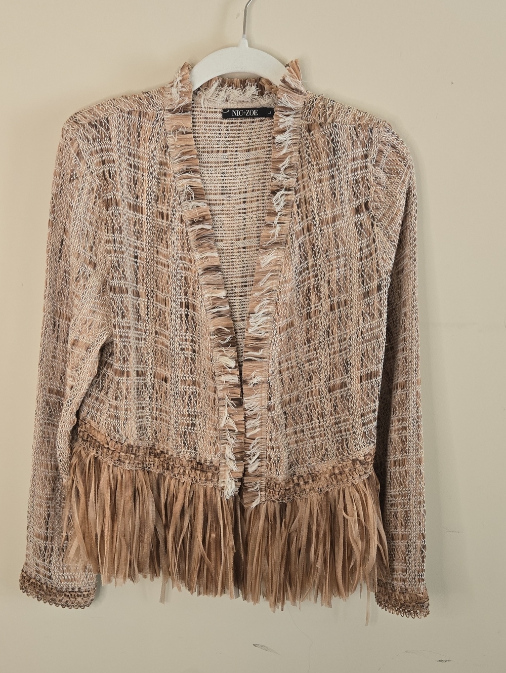 NIC+ZOE Tan Fringe Tweed Jacket Large Boho Textured Open Front Artisan Statement - Picture 2 of 9